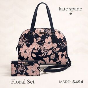 Kate Spade Floral Satchel + Wallet Set Crossbody Strap Black Pink EUC
